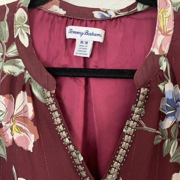 Tommy Bahama Midi Dress Women M Painted Petal Burgundy Floral Bead Sheer Flutter - Picture 10 of 11